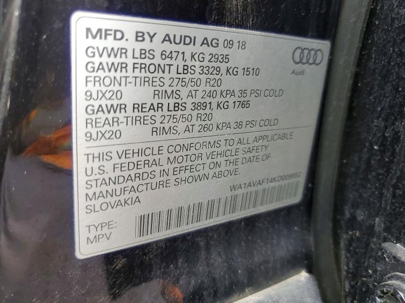 Photo 14 from auction – 2019 AUDI Q8 PREMIUM with VIN WA1AVAF14KD009852