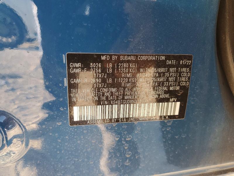 Photo 14 from auction – 2022 SUBARU OUTBACK with VIN 4S4BTGUD8N3187821