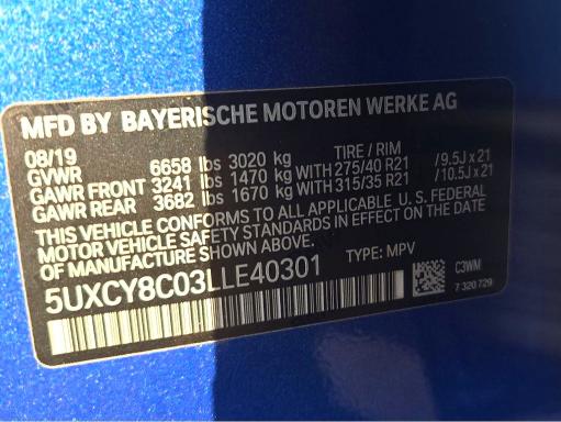 Photo 10 from auction – 2020 BMW X6 M50I with VIN 5UXCY8C03LLE40301