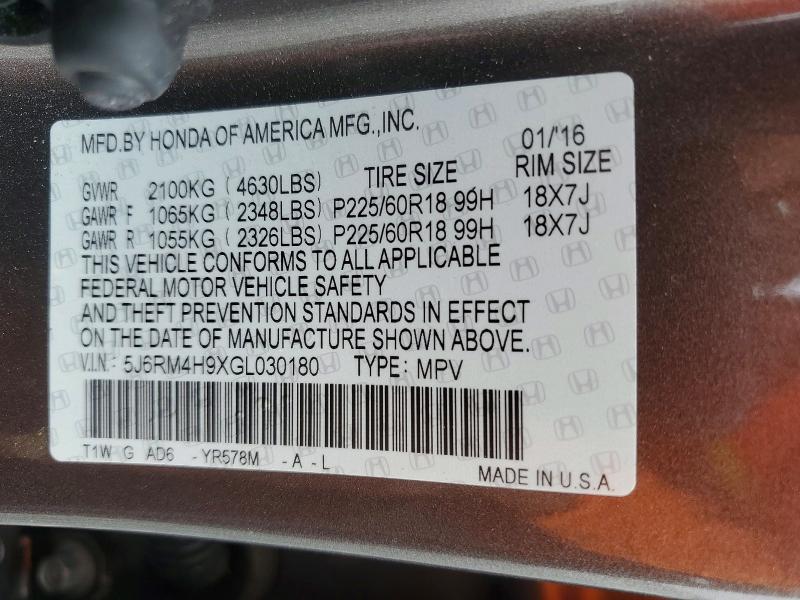 Photo 14 from auction – 2016 HONDA CR-V TOURI with VIN 5J6RM4H9XGL030180