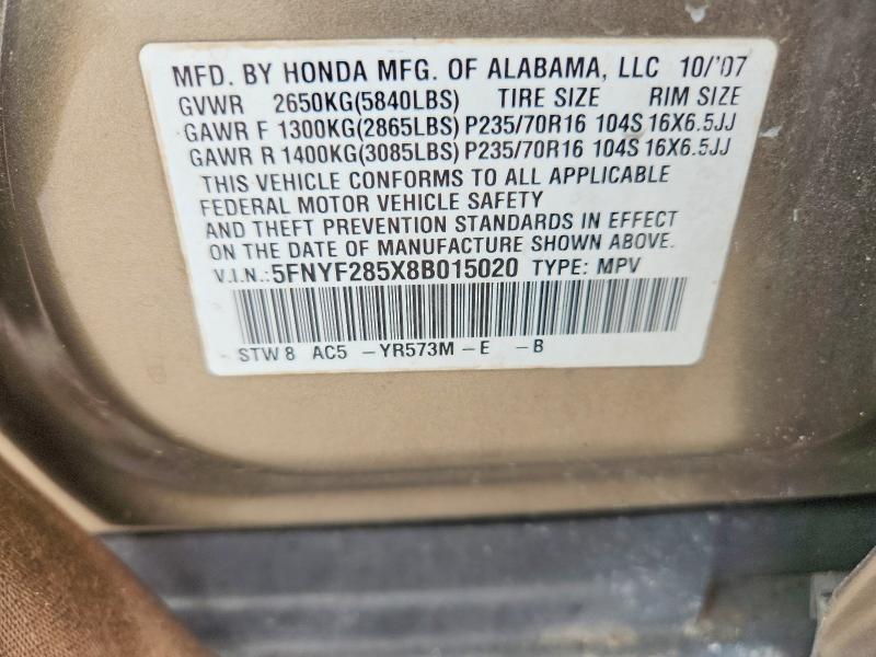 Photo 14 from auction – 2008 HONDA PILOT with VIN 5FNYF285X8B015020