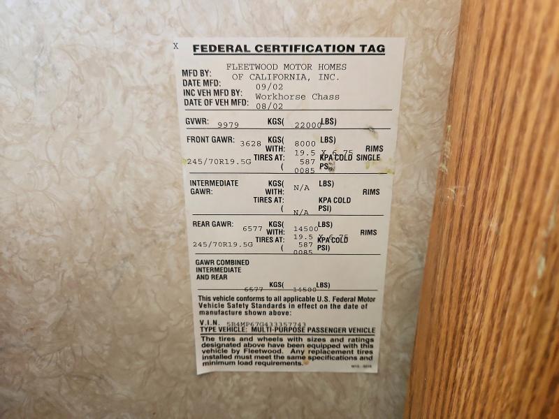 Photo 10 from auction – 2003 WORKHORSE CUSTOM CHASSIS MOTORHOME with VIN 5B4MP67G433357743