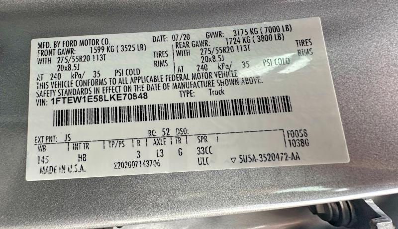 Photo 10 from auction – 2020 FORD F150 with VIN 1FTEW1E58LKE70848