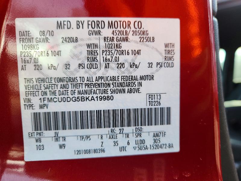 Photo 14 from auction – 2011 FORD ESCAPE XLT with VIN 1FMCU0DG5BKA19980