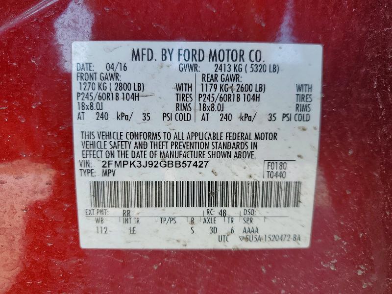 Photo 14 from auction – 2016 FORD EDGE with VIN 2FMPK3J92GBB57427