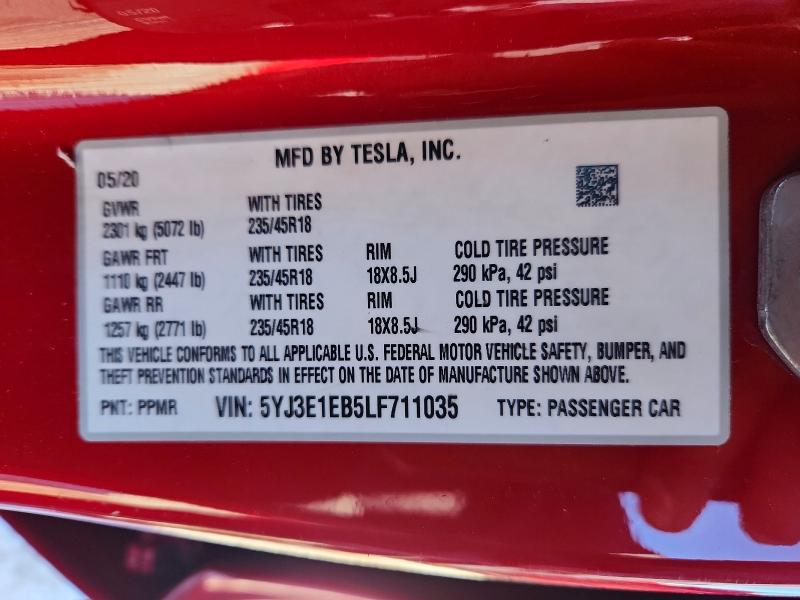 Photo 14 from auction – 2020 TESLA MODEL 3 with VIN 5YJ3E1EB5LF711035
