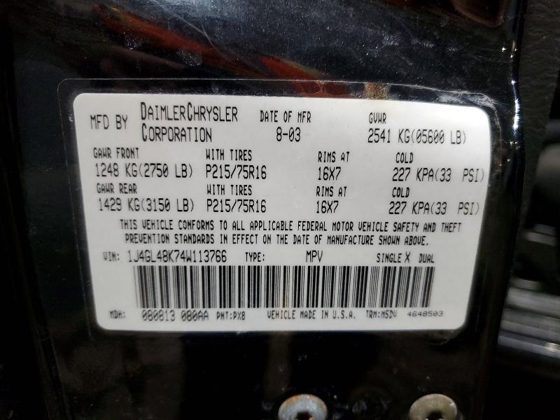 Photo 14 from auction – 2004 JEEP LIBERTY SP with VIN 1J4GL48K74W113766