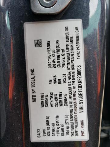 Photo 12 from auction – 2022 TESLA MODEL 3 with VIN 5YJ3E1EBXNF238008