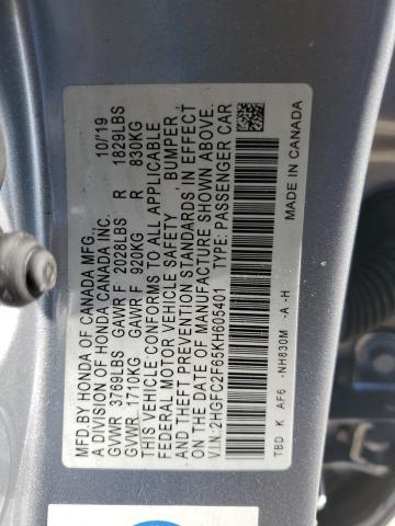 Photo 12 from auction – 2019 HONDA CIVIC LX with VIN 2HGFC2F65KH605401