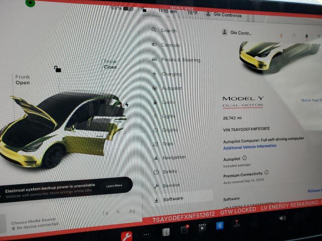 Photo 9 from auction – 2022 TESLA MODEL Y with VIN 7SAYGDEFXNF513612