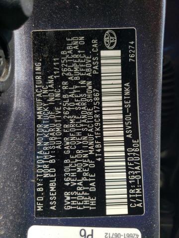 Photo 12 from auction – 2012 TOYOTA CAMRY BASE with VIN 4T4BF1FK9CR175867