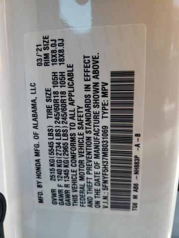 Photo 13 from auction – 2021 HONDA PILOT EX with VIN 5FNYF5H37MB031069