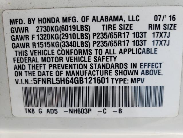Photo 13 from auction – 2016 HONDA ODYSSEY EX with VIN 5FNRL5H64GB121601