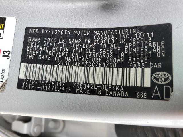 Photo 12 from auction – 2012 TOYOTA COROLLA BA with VIN 2T1BU4EE7CC761790