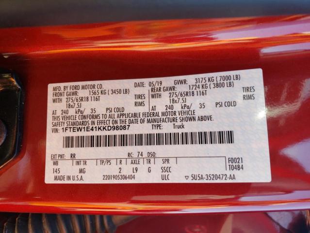 Photo 12 from auction – 2019 FORD F150 SUPER with VIN 1FTEW1E41KKD98087