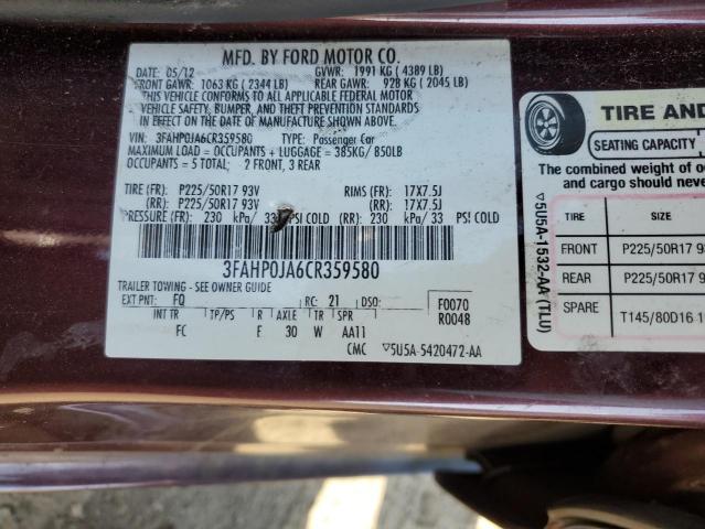 Photo 12 from auction – 2012 FORD FUSION SEL with VIN 3FAHP0JA6CR359580