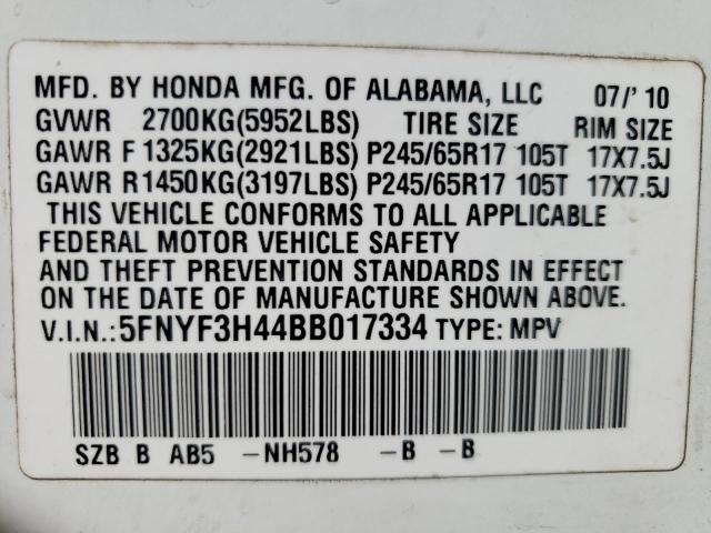 Photo 14 from auction – 2011 HONDA PILOT EX with VIN 5FNYF3H44BB017334