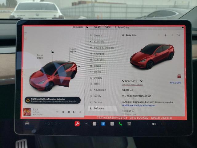 Photo 9 from auction – 2022 TESLA MODEL Y with VIN 7SAYGDEF2NF406103