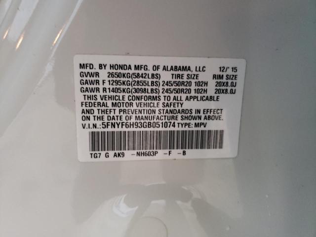 Photo 13 from auction – 2016 HONDA PILOT TOUR with VIN 5FNYF6H93GB051074