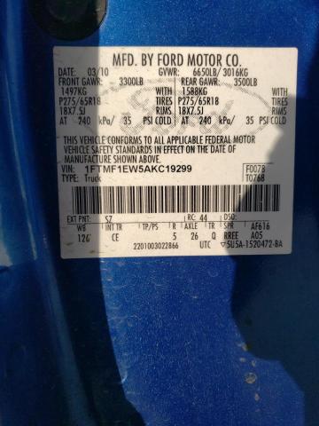 Photo 12 from auction – 2010 FORD F150 with VIN 1FTMF1EW5AKC19299