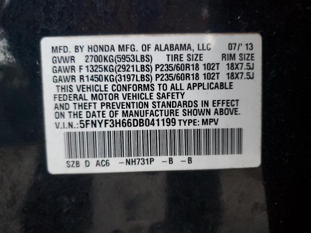 Photo 12 from auction – 2013 HONDA PILOT EXL with VIN 5FNYF3H66DB041199