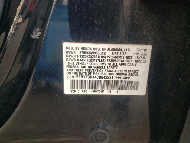 Photo 13 from auction – 2012 HONDA PILOT EX with VIN 5FNYF3H44CB043921