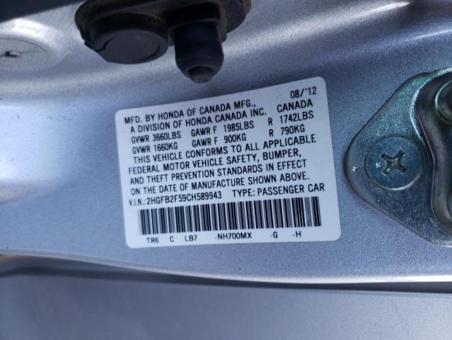 Photo 12 from auction – 2012 HONDA CIVIC LX with VIN 2HGFB2F59CH589943