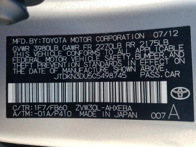 Photo 12 from auction – 2012 TOYOTA PRIUS with VIN JTDKN3DU5C5498745