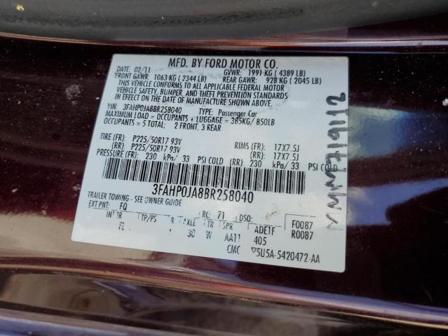Photo 12 from auction – 2011 FORD FUSION SEL with VIN 3FAHP0JA8BR258040