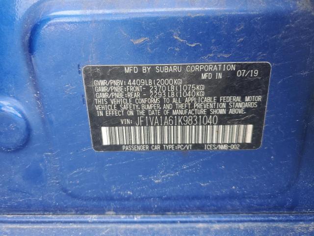 Photo 12 from auction – 2019 SUBARU WRX with VIN JF1VA1A61K9831040