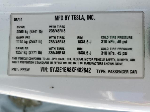 Photo 13 from auction – 2019 TESLA MODEL 3 with VIN 5YJ3E1EA8KF482842