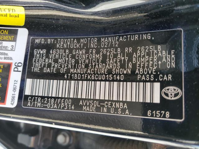 Photo 13 from auction – 2012 TOYOTA CAMRY HYBR with VIN 4T1BD1FK6CU015140