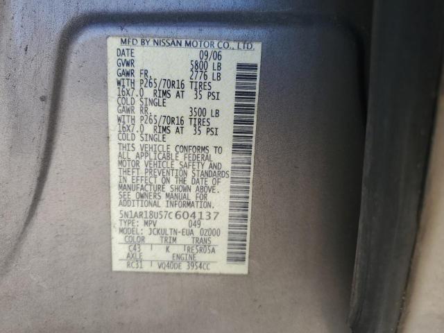 Photo 13 from auction – 2007 NISSAN PATHFINDER with VIN 5N1AR18U57C604137