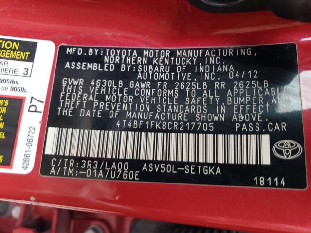 Фото 12 с аукциона – 2012 TOYOTA CAMRY BASE с VIN 4T4BF1FK8CR217705