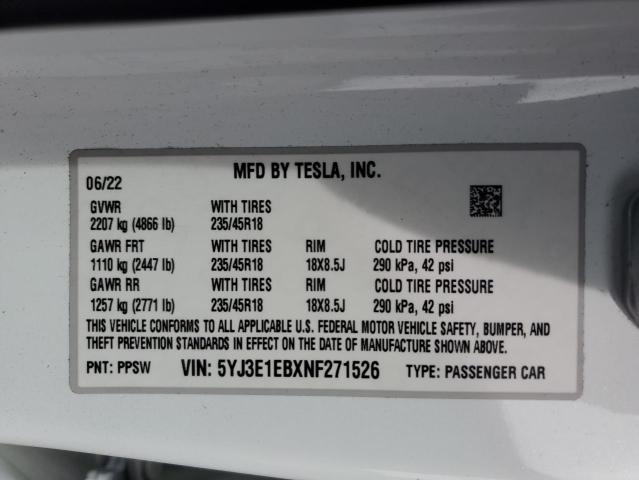 Photo 12 from auction – 2022 TESLA MODEL 3 with VIN 5YJ3E1EBXNF271526