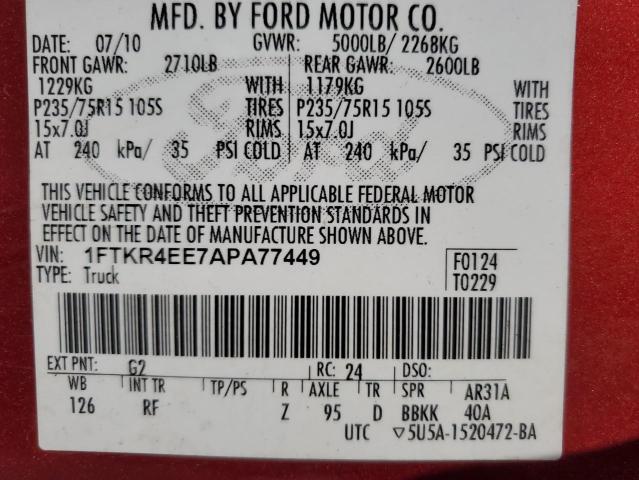 Photo 12 from auction – 2010 FORD RANGER SUP with VIN 1FTKR4EE7APA77449