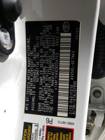 Photo 12 from auction – 2012 TOYOTA CAMRY BASE with VIN 4T4BF1FKXCR224753