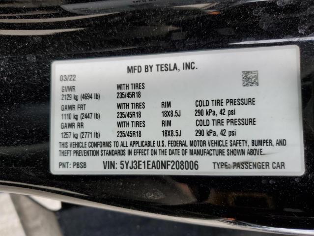 Photo 12 from auction – 2022 TESLA MODEL 3 with VIN 5YJ3E1EA0NF208006