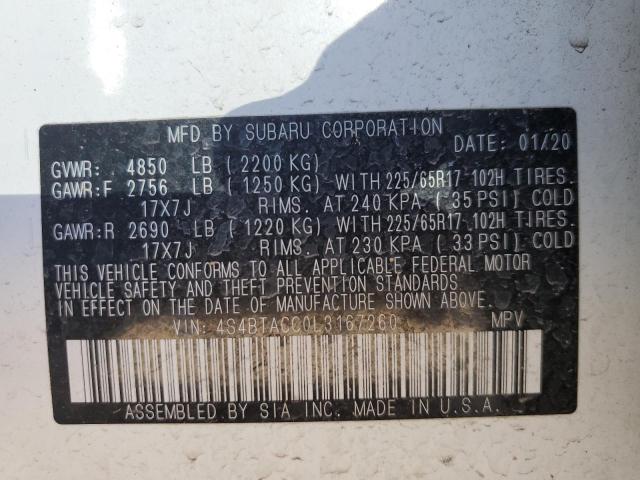 Photo 12 from auction – 2020 SUBARU OUTBACK PR with VIN 4S4BTACC0L3167260