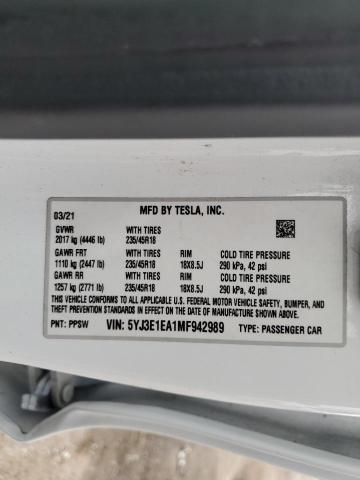 Photo 12 from auction – 2021 TESLA MODEL 3 with VIN 5YJ3E1EA1MF942989