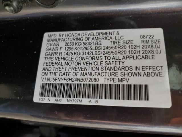 Photo 14 from auction – 2022 HONDA PILOT SE with VIN 5FNYF6H24NB072080