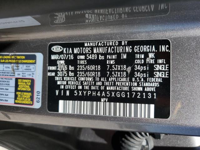 Photo 12 from auction – 2016 KIA SORENTO EX with VIN 5XYPH4A5XGG172131