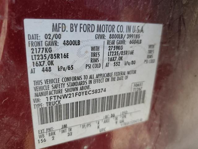 Photo 12 from auction – 2000 FORD F250 SUPER with VIN 1FTNW21F0YEC58374
