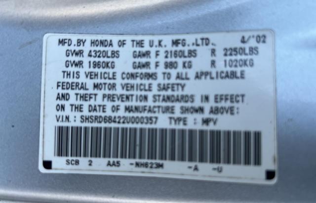 Photo 10 from auction – 2002 HONDA CR-V LX with VIN SHSRD68422U000357