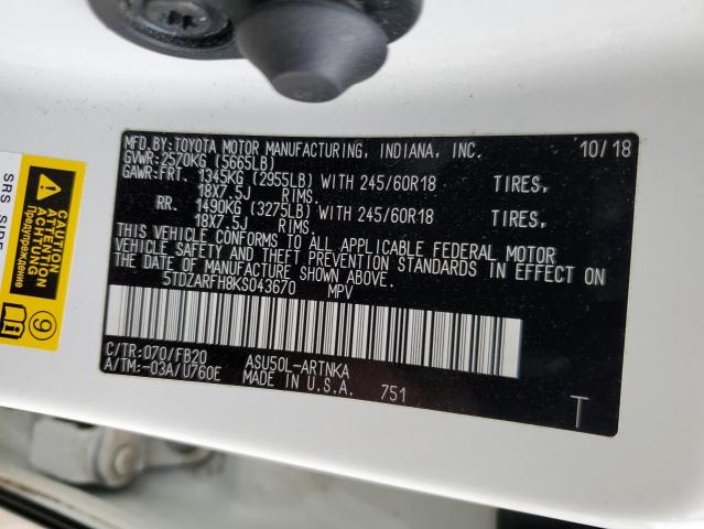 Photo 14 from auction – 2019 TOYOTA HIGHLANDER with VIN 5TDZARFH8KS043670