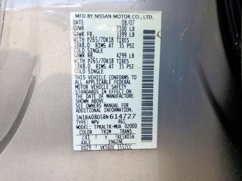 Photo 14 from auction – 2008 NISSAN ARMADA SE with VIN 5N1BA08D58N614727