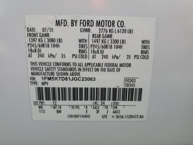 Photo 14 from auction – 2018 FORD EXPLORER X with VIN 1FM5K7D81JGC23063