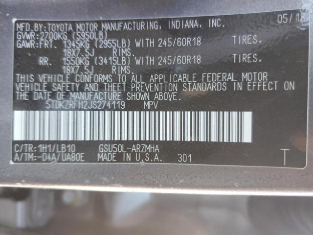 Снимка 14 от търг – 2018 TOYOTA HIGHLANDER с VIN 5TDKZRFH2JS274119