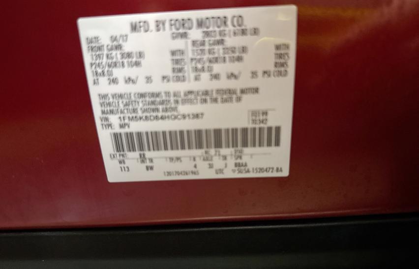Photo 10 from auction – 2017 FORD EXPLORER X with VIN 1FM5K8D84HGC91387