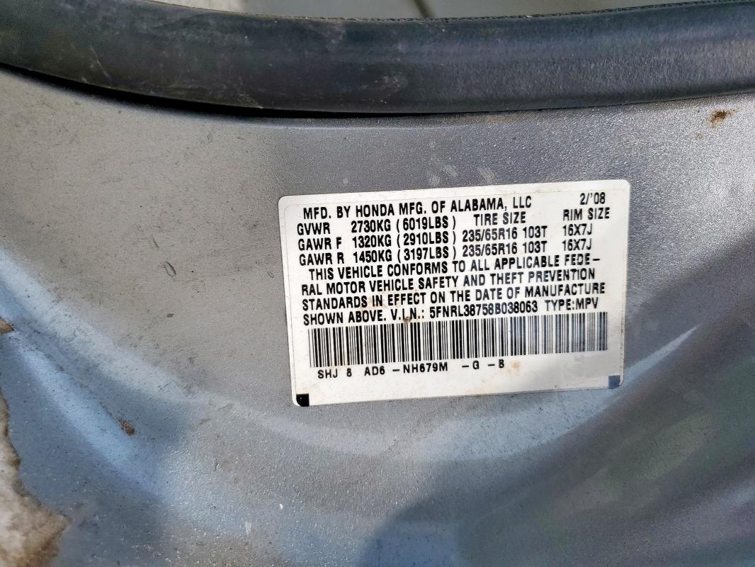 Photo 14 from auction – 2008 HONDA ODYSSEY EX with VIN 5FNRL38758B038063